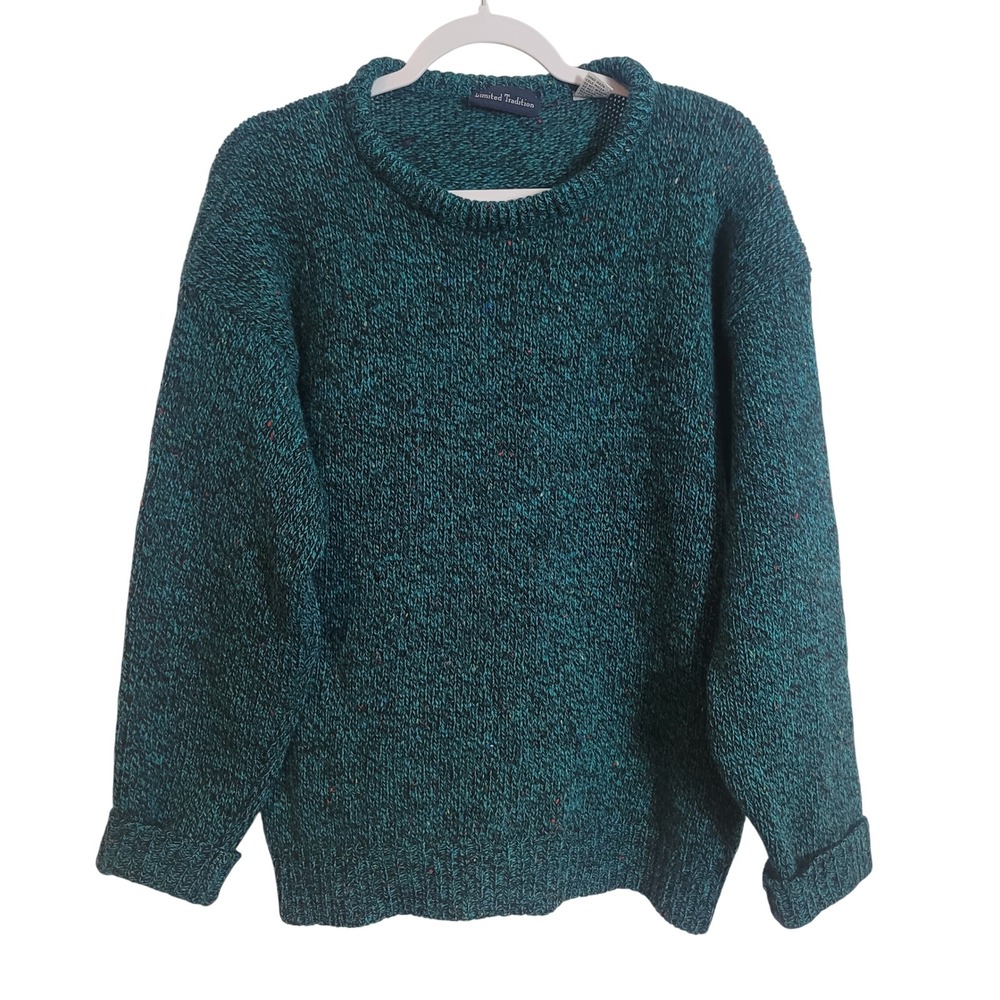 Limited Tradition Vintage 100% Shetland Wool Confetti Fleck Sweater Teal Green L